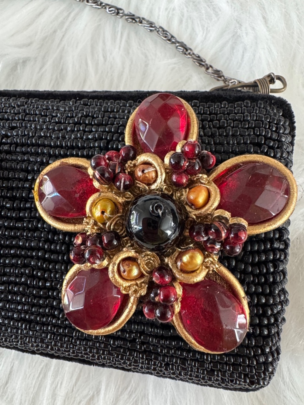 Mary Frances Black Beaded Evening Clutch with Red Gem Flower Accents - Picture 5 of 15